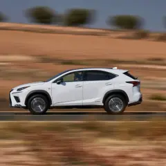 Biały suv Lexus NX 350h jedzie po pustynnej drodze, rozmywając krajobraz.