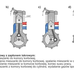 Ilustracja pokazuje, jak działa silnik spalinowy dwusuwowy: zasysanie, sprężanie, spalanie i przepływ mieszanki.