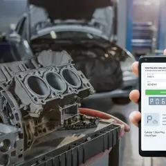 Mechanik sprawdza kod błędu dtc p0671 Opel na telefonie, obok rozebranego silnika w warsztacie.