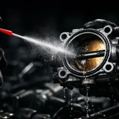 Czyszczenie przepustnicy preparatem w sprayu. Widać strumień płynu i brudny element.