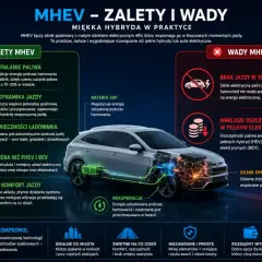 MHEV: zalety (niższe spalanie, lepsza dynamika, brak ładowania) i wady (brak jazdy EV, mniejsze oszczędności). Miękka hybryda 48V.