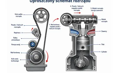 Schemat rozrządu silnika, np. Opel 1.6 CDTI. Wymiana rozrządu cena zależy od części i serwisu.
