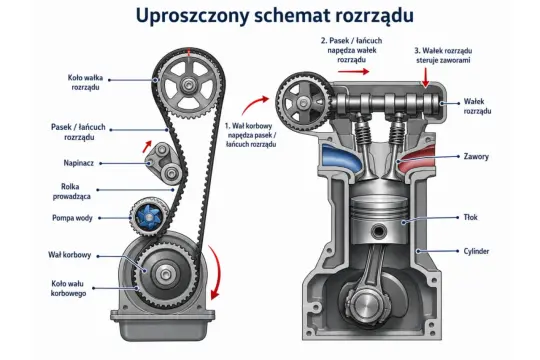Schemat rozrządu silnika, np. Opel 1.6 CDTI. Wymiana rozrządu cena zależy od części i serwisu.