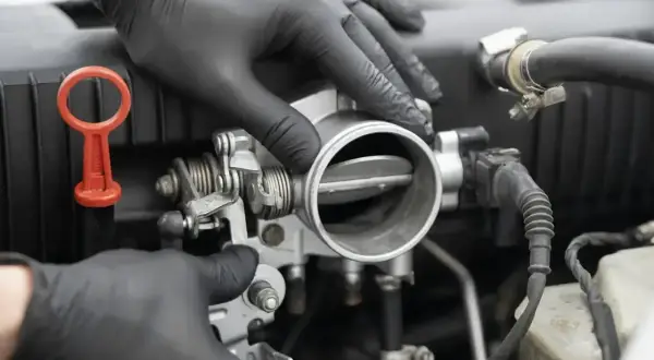 Mechanik w czarnych rękawiczkach sprawdza przepustnicę, szukając oznak nieszczelnej odmy.