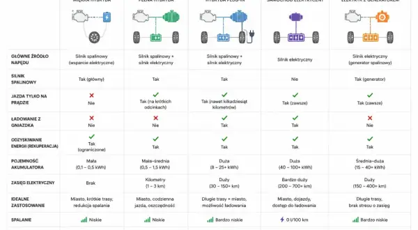 Porównanie rodzajów hybryd: MHEV, HEV, PHEV, BEV, REX/EREV. Tabela przedstawia kluczowe cechy, zastosowanie i osiągi.