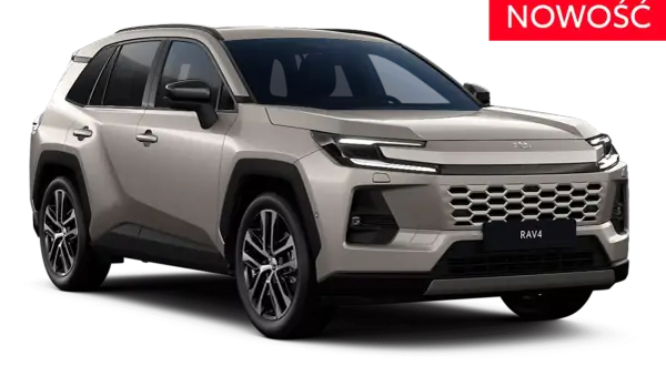 Nowy Toyota RAV4 w kolorze beżowym, z napisem "NOWOŚĆ" na czerwonym tle.