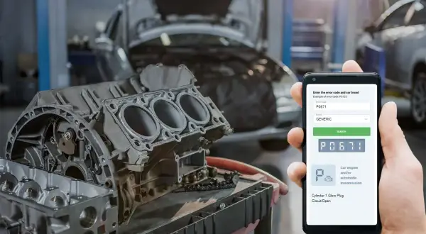 Mechanik sprawdza kod błędu dtc p0671 Opel na telefonie, obok rozebranego silnika w warsztacie.