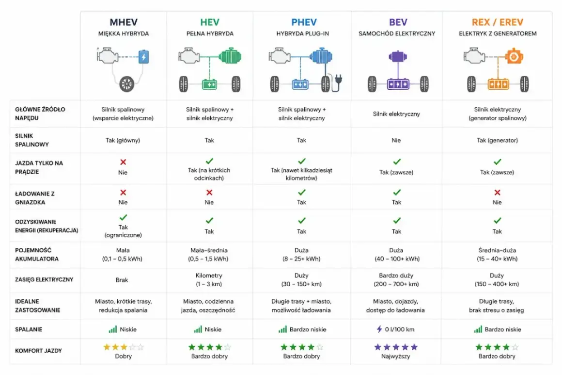 Porównanie rodzajów hybryd: MHEV, HEV, PHEV, BEV, REX/EREV. Tabela przedstawia kluczowe cechy, zastosowanie i osiągi.