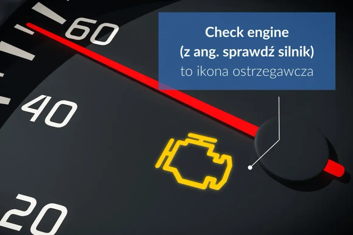 Żółta kontrolka check engine na desce rozdzielczej, ostrzegająca o problemach z silnikiem.