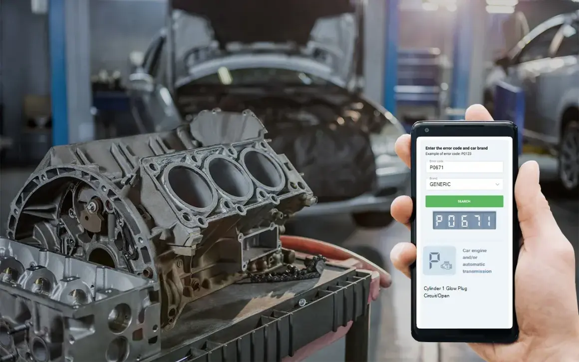 Mechanik sprawdza kod błędu dtc p0671 Opel na telefonie, obok rozebranego silnika w warsztacie.