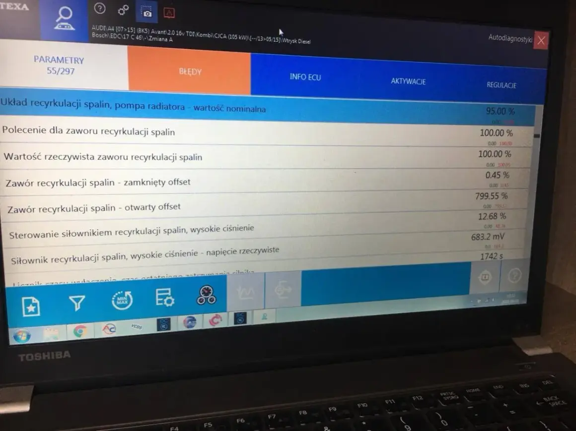 Diagnostyka Audi A4: parametry układu recyrkulacji spalin, w tym zawór i jego offsety. p0401.