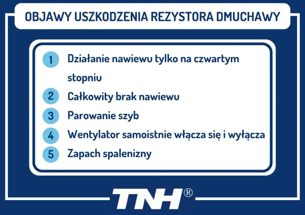 Objawy uszkodzenia rezystora dmuchawy: nawiew tylko na czwartym biegu, brak nawiewu, parowanie szyb, wentylator włącza się i wyłącza, zapach spalenizny.