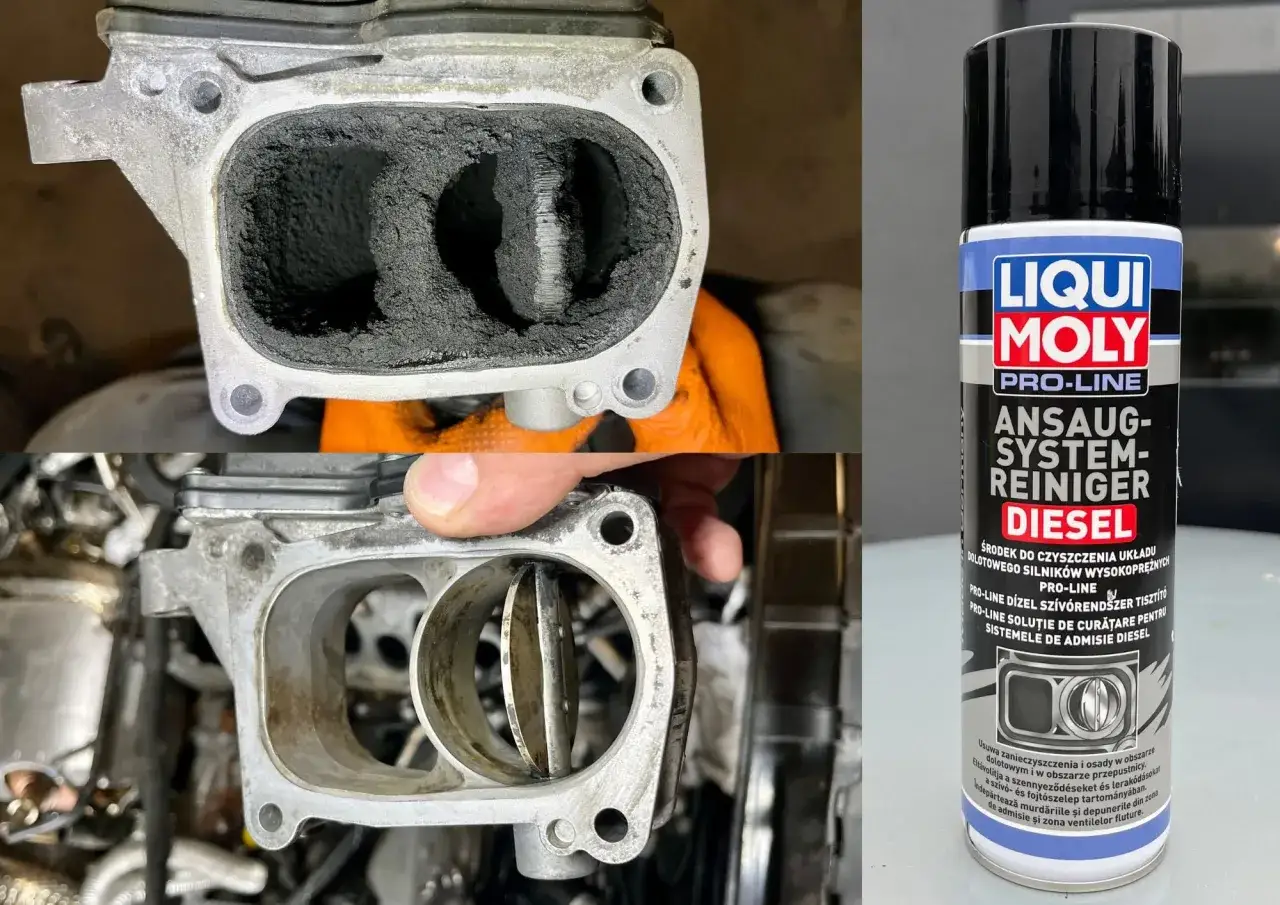 Zanieczyszczona przepustnica przed i po czyszczeniu środkiem Liqui Moly.