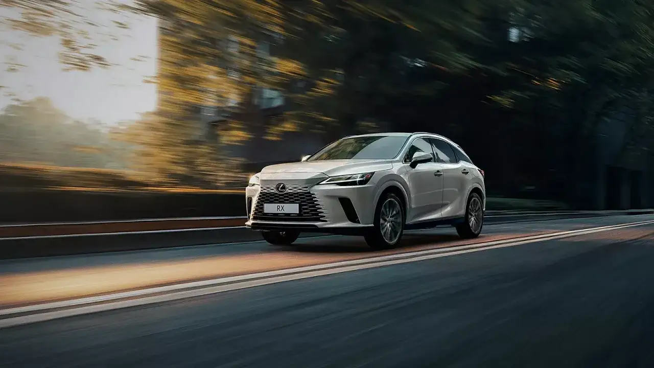 Biały suv Lexus RX pędzi po drodze, otoczony rozmytymi drzewami i światłem zachodzącego słońca.