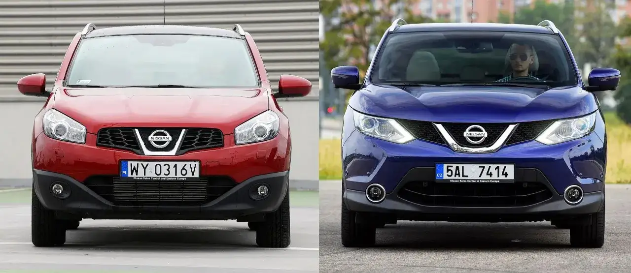 Dwa samochody Nissan Qashqai 1. generacji: czerwony z polskimi tablicami i niebieski z czeskimi.