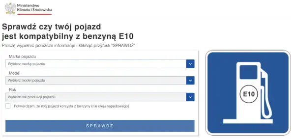 Strona Ministerstwa Klimatu i Środowiska pozwala sprawdzić, czy Twój pojazd jest kompatybilny z benzyną E10. Wpisz markę, model i rok produkcji, aby się dowiedzieć.