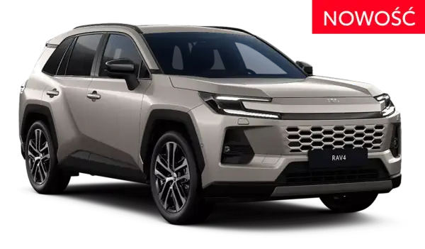 Nowy Toyota RAV4 w kolorze beżowym, z napisem "NOWOŚĆ" na czerwonym tle.